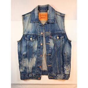 Levi Strauss Signature Denim Sleeveless Vest Jacket Size Blue Button Casual